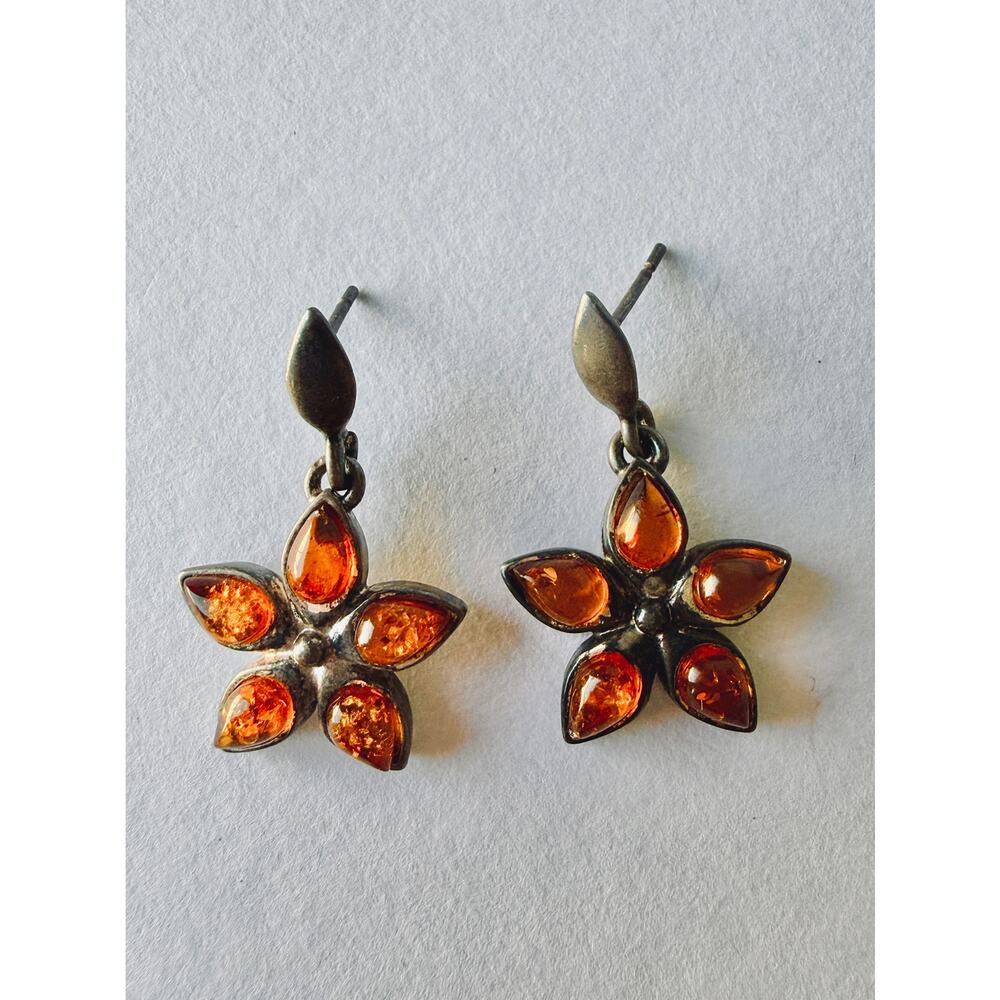 Vintage Baltic Amber Flower Earrings 925 Sterling Silver Dangle Daisy